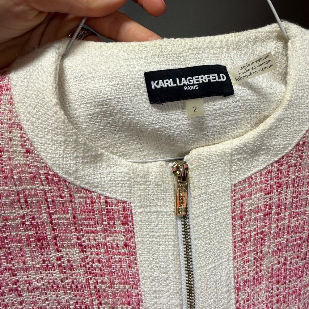 KARL LAGERFELD Paris pink white Chanel tweed cropped jacket spring COCO sz 2 4